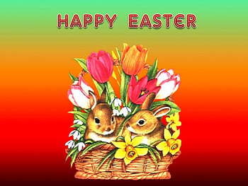 Happy Easter, basket, bunny, flowers, blossoms HD wallpaper