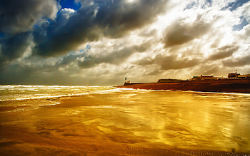 Beautiful Sky, sand, peaceful, beauty, beach, waves, reflection, amazing, water, ocean, sunset, sea, lighthouse, architecture, beautiful, ocean waves, view, clouds, nature, sky, lovely, splendor HD wallpaper