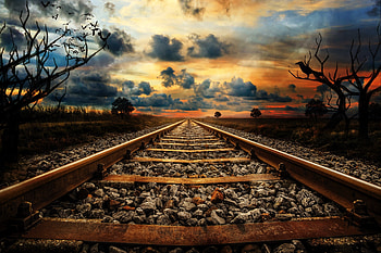 Railway line, railroad, stones, sunset, clouds HD wallpaper