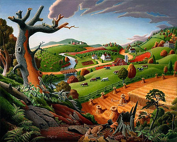 Walt Curlee. Autumn Wheat Harvest Rural Country, painting, art, field, path, walt curlee, tree HD wallpaper
