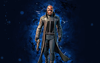 Nick Fury, , blue neon lights, Fortnite Battle Royale, Fortnite characters, Nick Fury Skin, Fortnite, Nick Fury Fortnite HD wallpaper