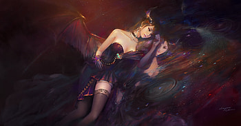 Demon girl, black, horns, art, succubus, girl, dark, demon, reflection, anime, fantasy, luminos, manga HD wallpaper