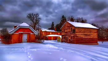 beautiful village in winter r, winter, barns, clouds, trees, r, village HD wallpaper