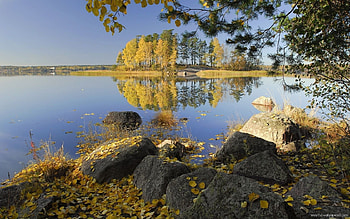 autumn lake, trees, autumn, rocks, lake HD wallpaper