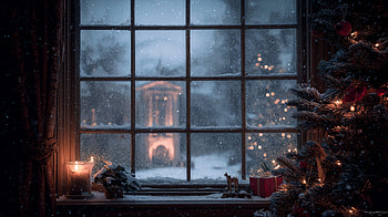 Christmas Tree, Window, Snow, Candle HD wallpaper