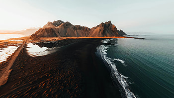 Waves Against The Ember Ridge, sea, ocean, mountains, mountain, sky, blue, sand, nature HD wallpaper
