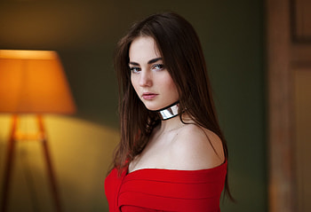 Pretty woman, red dress, brunette, model HD wallpaper
