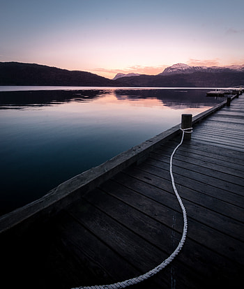 Nature, Sunset, Mountains, Lake, Pier, Rope HD phone wallpaper