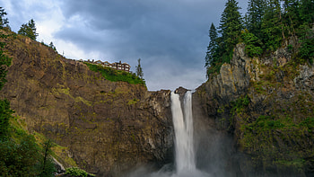 Landscape, Houses, Rock, Algae, Trees, Bushes, Waterfall, Splashes, Stones, Blue, Sky, Background, Forest Nature HD wallpaper