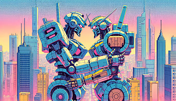 Robotic Love - Romantic, Romantic, couple, cityscape, Digital Art, neon HD wallpaper