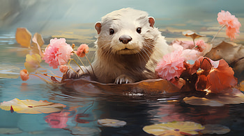 Flower Otter, lake, otter, pink flower, AI Art HD wallpaper