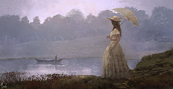 River stroll, parasol, luminos, stroll, girl, joseph feely, river, art, summer, fantasy, water, vara HD wallpaper