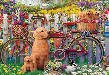 Cute Dogs, flowers, bicycle, pup, fence, painting HD wallpaper