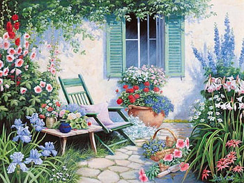 Taking a Break from Gardening, chair, plants, spade, basket, painting, pavement, table, cobblestone path, window, house, garden, pillow, tree, shutters, stone, flowers, pots HD wallpaper