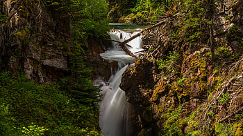 Hidden Waterfall in Glacier NP, Montana, trees, river, rocks, canyon, usa HD wallpaper