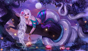 Snake girl, luminos, tigrsasha, girl, night, snake, tigr sasha, tree, purple, moon, fantasy, water HD wallpaper
