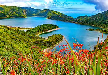 Secluded paradise of the Azores, summer, island, wildflowers, paradise, view, beautiful, lake HD wallpaper