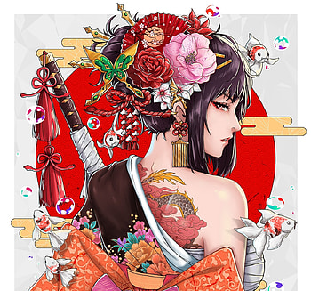 Mitsuki, dhemitchan, ted, fantasy, asian, flower, tattoo, girl, katana HD wallpaper