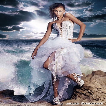 OCEAN BRIDE.., blue, white, morning, clouds, bride, dress, woman, ocean HD wallpaper