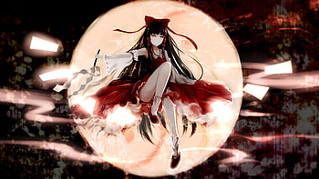 Anime girl, Reimu Hakurei, big moon, touhou HD wallpaper