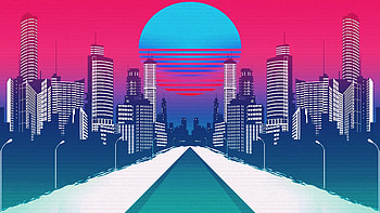Retro art, cityscape, buildings, moon, artwork HD wallpaper