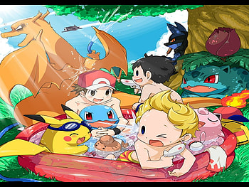 pool party, videogame, pokemon trainer, nintendo, charizard, pikachu, lucas, squirtle, ivysaur, anime, pokemon HD wallpaper