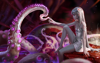 Tentacles, frumusete, girl, hand, pink, anime, fantasy, sarena, luminos, manga HD wallpaper