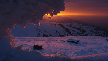 winter light, winter, cabins, sunset, ice HD wallpaper