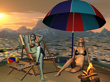 Mountains, umbrella, chairs, abstract, girls, water HD wallpaper