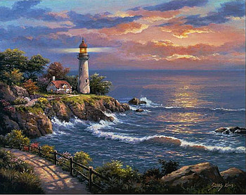 Evening Tide, house, light house, rocks, walkway, waves, fence, clouds, trees, sky, water HD wallpaper