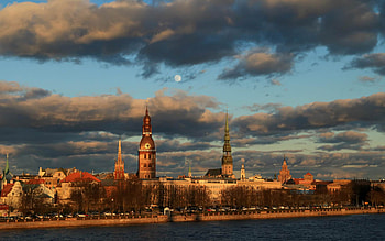 Moon over Riga, Latvia, Latvia, cityscape, Riga, Moon, clouds HD wallpaper