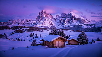 Alpe di Suisi, Dolomites, Italy, snow, trees, clouds, landscape, sky, rocks, sunrise, cabin HD wallpaper