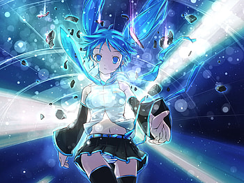 Hatsune Miku, glow, awesome, uniform, stars, artistic, nice, digital, cg, hatsune, aqua eyes, white, art, twintail, shatter, girl, headset, singer, aqua, anime girl, anime, pretty, light, virtual, blue, black, song, heads, cute, vocaloid, beauty, miku, music, vocaloids, thighhighs, program, skirt, beautiful, diva, tie, gray, aqua hair, cool, space, idol, micro HD wallpaper