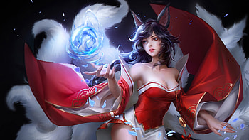 Ahri, red, luminos, girl, fox, blue, frumusete, hongtutu, gorgeous, superb, fantasy HD wallpaper