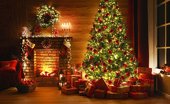 Christmas interior, winter, magic, cozy, room, fireplace, balls, desigh, tree, holiday, decoration, presents, warmth, lights, christmas, home HD wallpaper