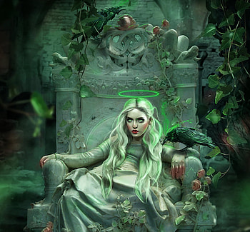 The Dark Queen, frumusete, bird, throne, garden, dark queen, girl, raven, crow, fantasy, flower, green, graniaa, luminos, pasari HD wallpaper