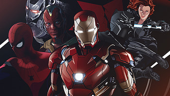 Team Iron Man, iron-man, spiderman, war-machine, black-widow, vision, artist, artwork, behance, digital-art, superheroes HD wallpaper