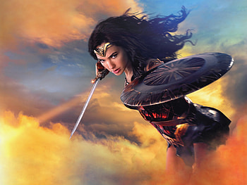 Wonder Woman, sword, poster, girl, actress, orange, fantasy, comics, yellow, movie, Gal Gadot HD wallpaper