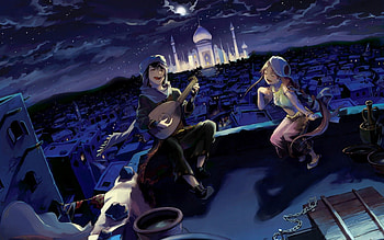 Aladin and Yasmine, night, blue, guitar, aladin, music, instrument, yasmine, castle, girl, singer, carpet, boy, anime, fantasy, light, arabian, manga HD wallpaper
