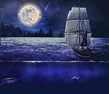 MOONLIGHT SAIL, NIGHT, WAVES, BOAT, STARS, SHARKS, MOON, SKY, OCEAN, SAIL, BLUE HD wallpaper