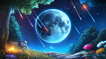 Moonlit Meteorfall — Quad Fantastical Forest, Fantasy Landscape, Full Moon, Meteor Shower, Fantasy Forest HD wallpaper