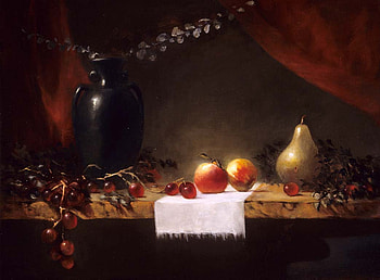 Quite Still, pear, table, black, apples, vessel, grapes, curtain, runner HD wallpaper