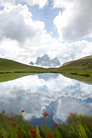 Nature, Grass, Mountains, Clouds, Lake, Human, Person HD phone wallpaper