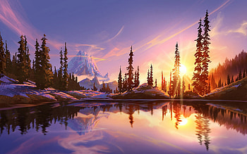 Sunset, kael, art, fantasy, landscape, water, lake HD wallpaper