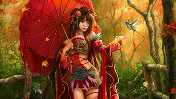 Oriental Girl, umbrella, orginal, kimono, asian, red, girl, long hair, forest HD wallpaper