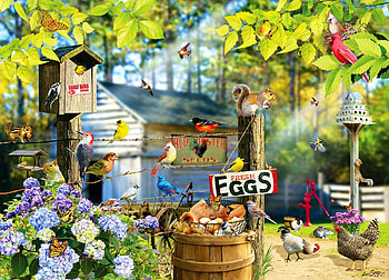 Birds on a Wire, shed, digital, hens, leaves, trees, flowers, eggs HD wallpaper