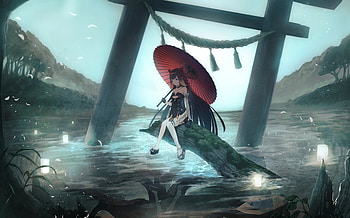 Alone, anime girl with umbrella, original HD wallpaper