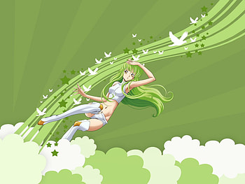 C.C, sexy, birds, hot, cute, cc, beautiful, long hair, beauty, anime girl, butterflies, code geass, green, clouds, green hair, graceful HD wallpaper