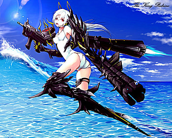 Anime Girl,Long Gun, chica, anime, eyes, girl, gun, sniper, beach HD wallpaper