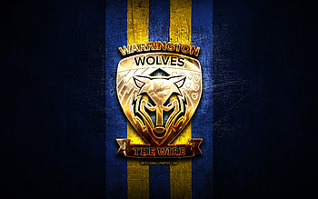 Warrington Wolves, golden logo, SLE, blue metal background, english rugby club, Warrington Wolves logo, rugby HD wallpaper